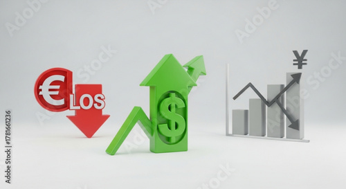 3d render depicting profit and loss with currency symbols, arrows, and graphs, , showcasing financial performance