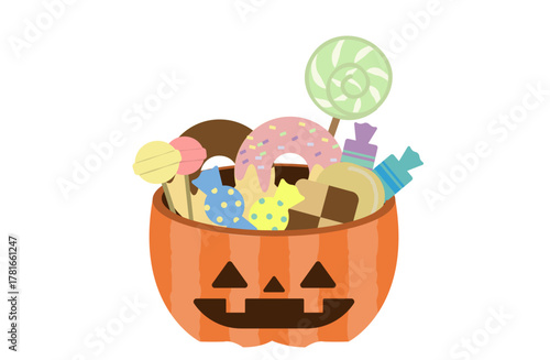 ジャックオーランタンの器にお菓子がたくさん入っているフラットイラスト