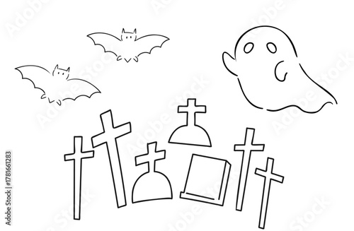 お墓の上をコウモリとお化けが飛ぶ線画イラスト