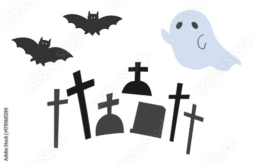 お墓の上をコウモリとお化けが飛ぶイラスト
