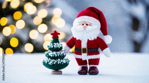 A plush Santa Claus figure wearing a red and white knitted hat and outfit, standing next to a small knitted Christmas tree on a snowy background created with generative ai	
