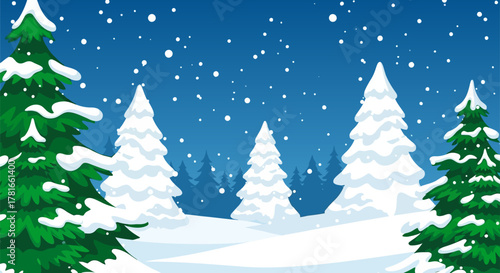 Cartoon winter landscape with snow-covered evergreen trees and falling snowflakes at night.