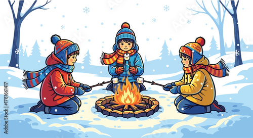 Children roasting marshmallows around a campfire in a snowy winter wonderland