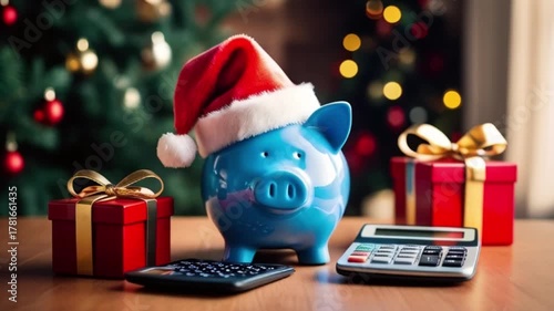 A blue piggy bank wearing a Santa hat, next to a calculator, a Christmas tree, red gift boxes, Christmas Savings Background, Christmas Piggy Bank, created with generative ai	
