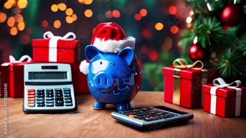 A blue piggy bank wearing a Santa hat, next to a calculator, a Christmas tree, red gift boxes, Christmas Savings Background, Christmas Piggy Bank, created with generative ai	
