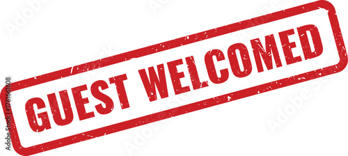 Official red guest welcomed rubber stamp for hospitality services and visitor reception