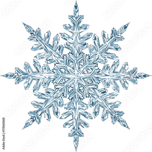 Intricate ice crystal snowflake with detailed facets on a clean white backdrop