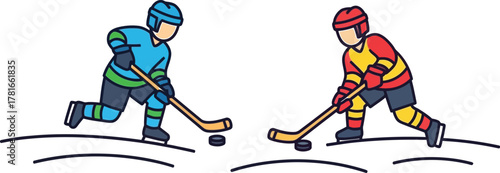 Two hockey players facing off on the ice in a stylized cartoon illustration