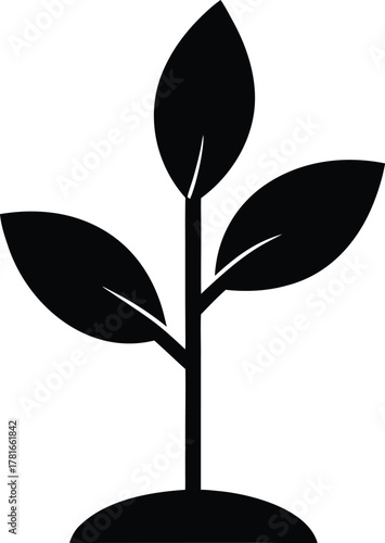 Black silhouette of a seedling with three leaves emerging from soil