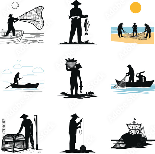 Fisherman silhouettes, fishing scenes, boat activity, net casting, crab trap, fish holding, beach fishing, traditional methods, coastal life, vector set, stylized art