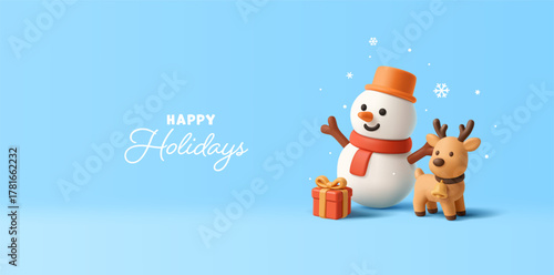 Happy Holidays banner. Cheerful snowman, deer with bell and gift, 3D. Blue banner with snow. Winter magic scene. Best gift. Vector illustration.