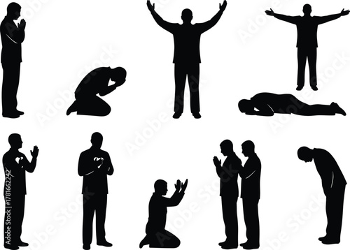 Prayer pose silhouettes, worship gestures, spiritual devotion, kneeling figures, standing icons, prostration postures, religious humility, black vector set, meditation art, faith expression