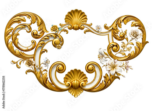 Ornate golden baroque frame with floral embellishments isolated on transparent background
