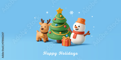 3D Christmas tree, deer, snowman, gift and snow. Blue winter magic banner for Christmas holiday concepts, greetings, best gifts, children. Vector illustration.