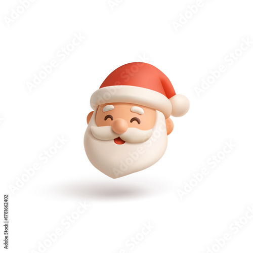 3D funny Santa Claus face, icon on white background. For Christmas and New Year concepts. Vector illustration.