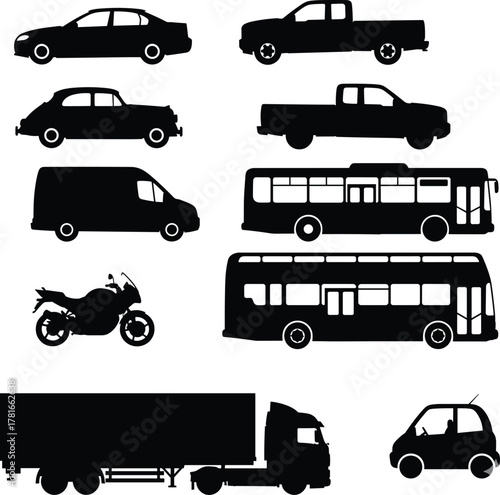 Vehicle silhouettes, transportation icons, car and truck shapes, motorcycle graphic, delivery van, city bus, double-decker, semi-truck, compact car, automotive design, mobility