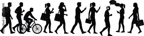 Urban people walking, silhouette crowd, modern lifestyle, city commute, mobile phone users, shopping bags, bicycle rider, speech bubbles, everyday activity, minimalist design, black figures