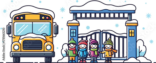 Children waiting for the school bus in winter with snow covered gate scene