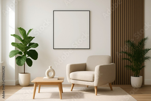 Modern Living Room Corner with Armchair, Coffee Table, Plants, and Blank Frame interior minimalist