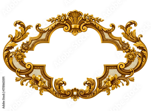 Ornate golden baroque cartouche frame isolated on transparent background