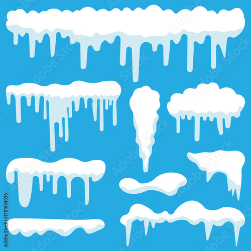 Snowy piles, snow caps, snowballs, and snowdrifts Vector collection. Snow elements on a winter background. Snow ice vector winter frame effect frozen illustration. eps 10