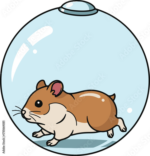 A finished, circular cartoon illustration showing a hamster running inside a glossy, clear exercise ball that includes a visible cap or access lid at the top, emphasizing the realistic accessory desig