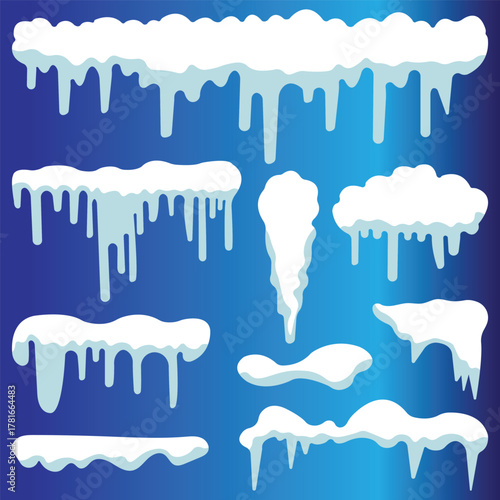 Snowy piles, snow caps, snowballs, and snowdrifts Vector collection. Snow elements on a winter background. Snow ice vector winter frame effect frozen illustration. eps 10