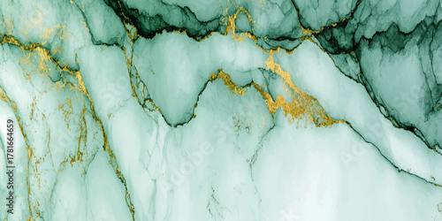Abstract soft green teal and gold marble texture with fluid veins and organic flow for modern design background.