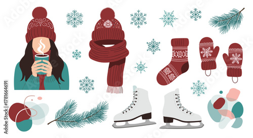Winter essentials set with cozy clothes, hot beverage, ice skates, and decorative snowflakes on a white background.