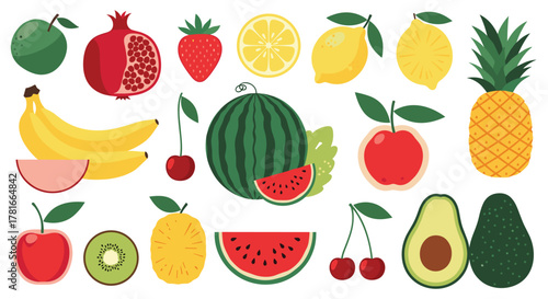 Assorted healthy and colorful fresh fruits like apples, bananas, pomegranates, lemons, and pineapples, perfect for a balanced diet.