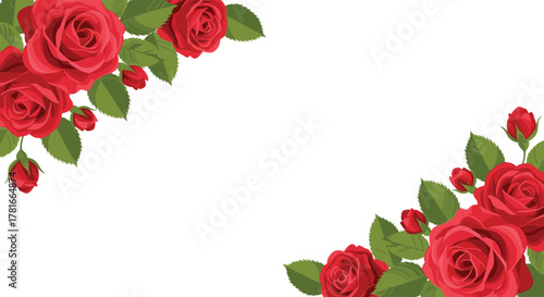 Beautiful red roses and green leaves elegantly frame a clean white background, perfect for romantic and celebratory designs.