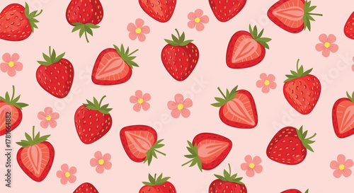 Charming seamless pattern featuring fresh red strawberries, whole and sliced, alongside delicate pink blossoms on a soft pastel background.