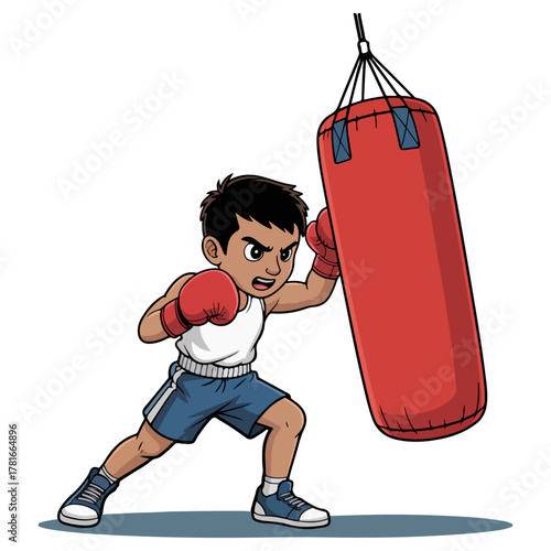 A young boy training boxing with red gloves and punching bag