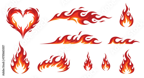 A collection of dynamic and stylized fire and flame illustrations in various shapes, including a heart, decorative borders, and individual burning elements.