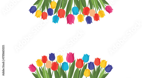 Cheerful spring tulips in various bright colors forming a playful decorative frame against a clean white backdrop.