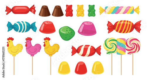 A vibrant assortment of colorful candies and lollipops including wrapped sweets, gummy bears, jelly domes, and chicken-shaped treats.