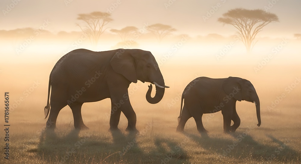 Fototapeta premium African elephants walking through misty savanna at sunrise.