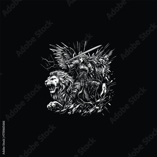 Epic black and white illustration of a mighty winged warrior woman, a Valkyrie wielding a sword while standing beside a fierce, roaring lion