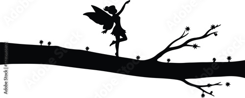 Vector fairy silhouette dancing on a branch with star details illustration