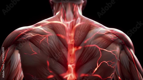Close up Back View Of Muscular Human Torso With Glowing Red Nervous System And Spine On Black Background