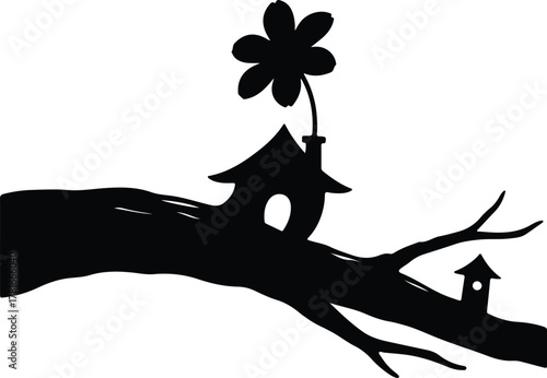 Vector tree branch with houses and flower silhouette illustration