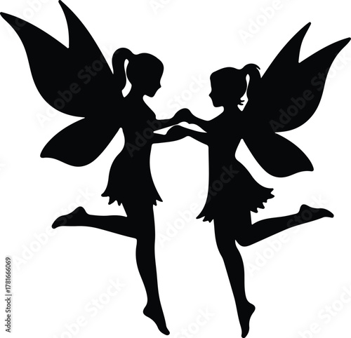 Vector Two fairy girls holding hands black silhouette illustration