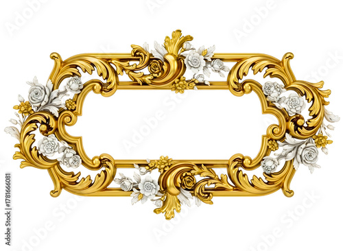 Ornate golden floral frame with white flowers isolated on transparent background