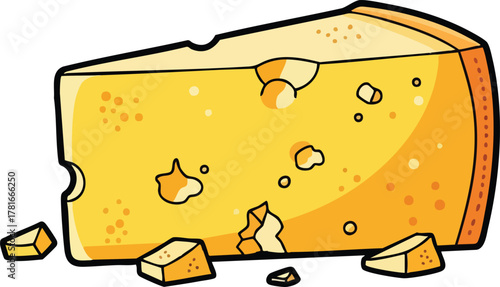 Bright Yellow Wedge Of Swiss Cheese With Holes And Small Crumbs On A White Background