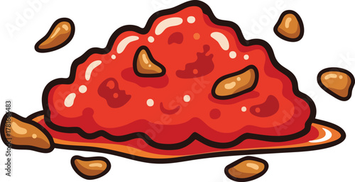 Pixel Art Illustration of Red Chili Sauce With Garlic Slices Floating Around White Background