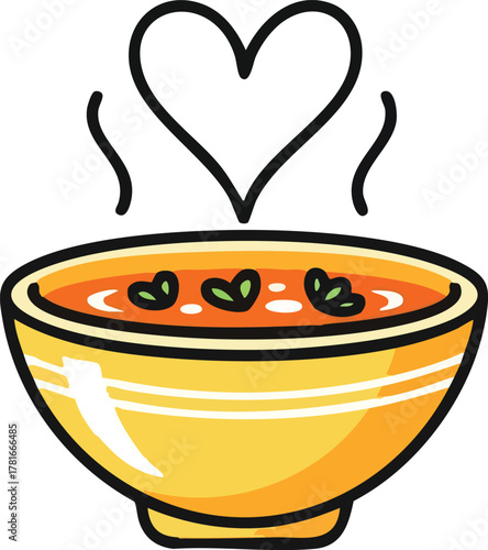 Steaming Bowl of Orange Soup With Heart Above In A Yellow Bowl With Mint Leaves On Top