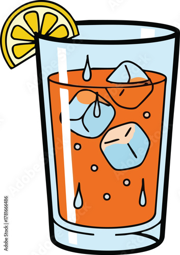 Refreshing Orange Drink with Ice Cubes and Lemon Slice in Tall Glass