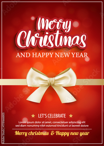 Merry christmas and happy new year greeting card with golden ribbon on red background.