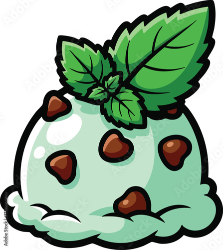 Mint Chocolate Chip Ice Cream Scoop with Fresh Mint Leaves and Dark Chocolate Chips