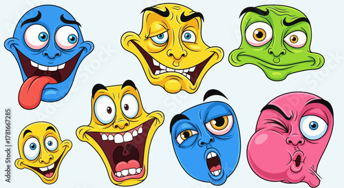 Vector illustration of cartoon faces showing goofy, weird, and exaggerated emotions in bright colors.